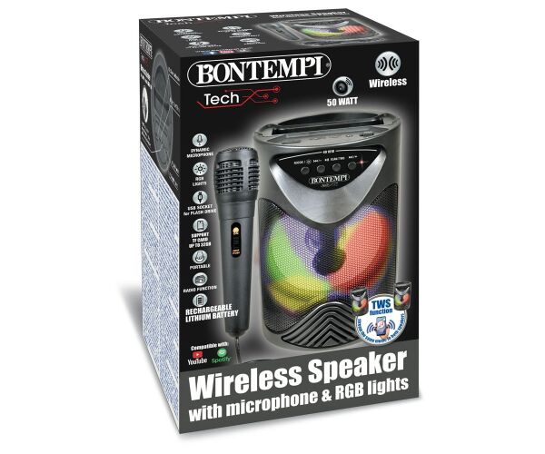 Bontempi Bezdrátový reproduktor s mikrofonem a RGB osvětlením 12,5x12,5x18 cm