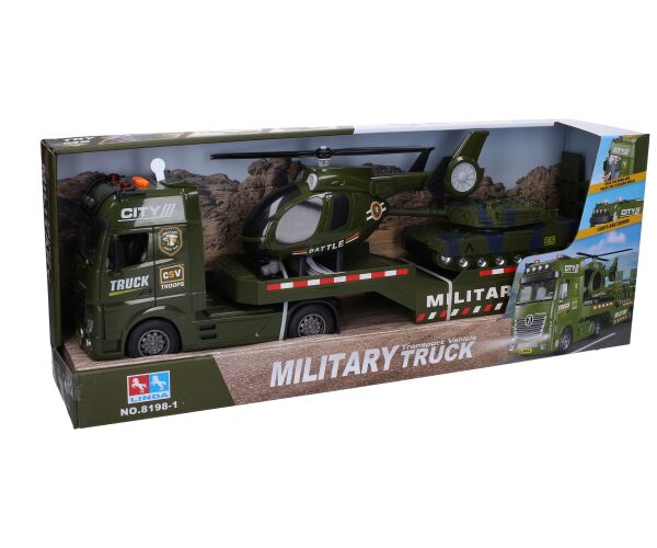 Auto tahač vojenský 55 cm a helikoptéra s efekty set