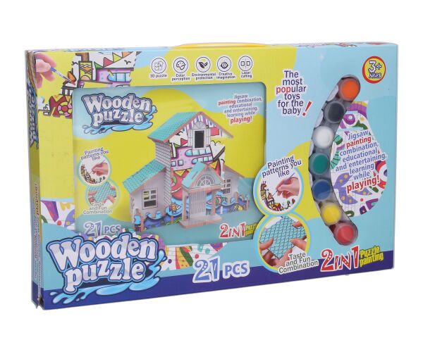 Puzzle 3D dřevěné domeček s barvami