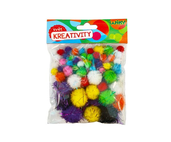 Pom pom glitter mix velikostí, 80ks