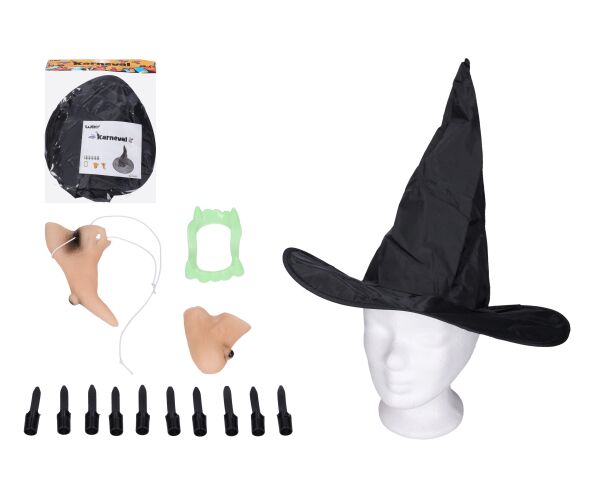 Set karneval - čarodějnice (nos, brada, prsty, klobouk a zuby)