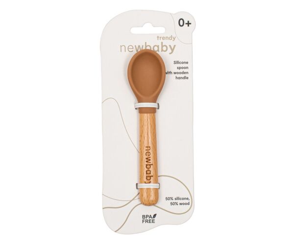 Lžička silikon-dřevo New Baby karamelová 14cm